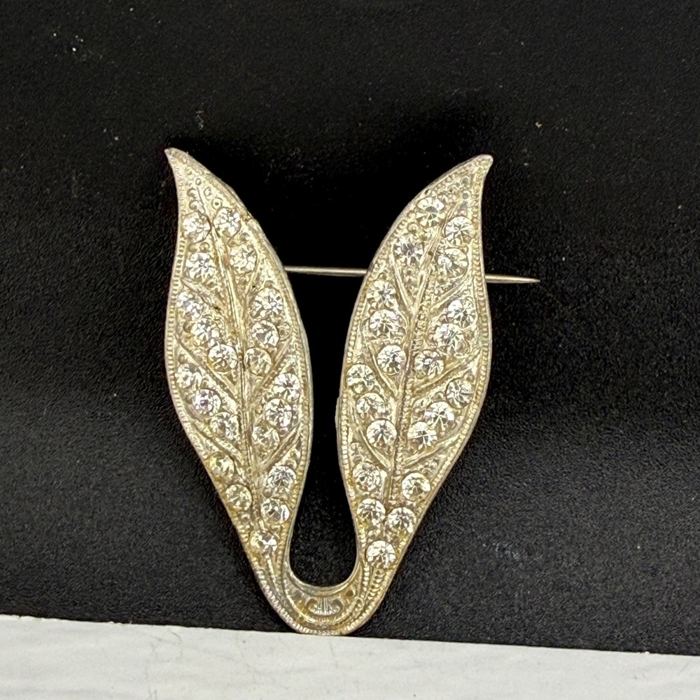 Vintage Rhinestone Brooch Silver Tone Leaves Fall Autumn